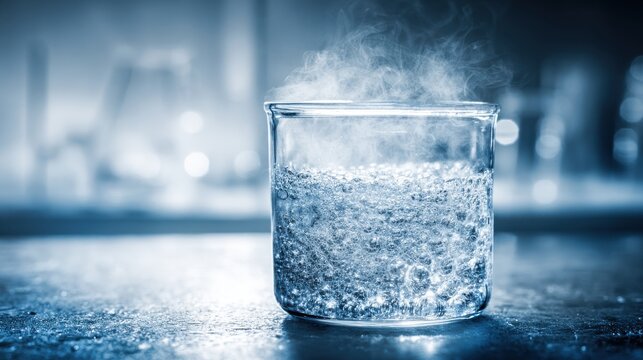 Clear glass beaker filled with intensely bubbling boiling water generating steam in a laboratory setting