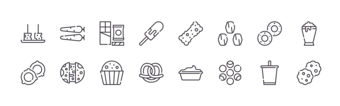 set of 16 modern thin line classic snacks icons featuring cheese, onion ring, baby carrot, cheese balls, snacking, muffin, ice pop, pretzel, granola bar. editable stroke vector
