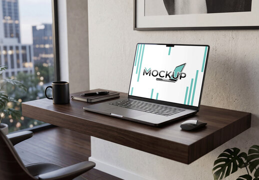Laptop Wood Desk Office Mockup