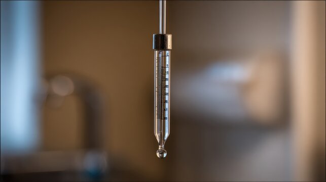 Close up of a clear glass thermometer with a visible mercury column, indicating temperature measurement for scientific or industrial use.