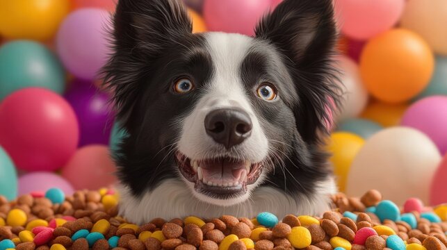 smiling black and white border collie with bright amber eyes in a colorful ball pit, head among mixed kibble and round colorful treats, joyful and playful expression