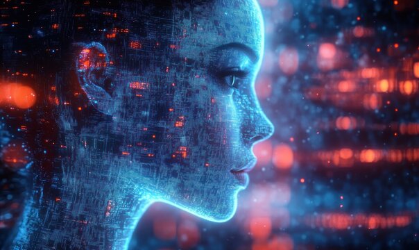 glowing digital humanoid silhouette of circuitry amid red and blue data lights, futuristic and mysterious atmosphere