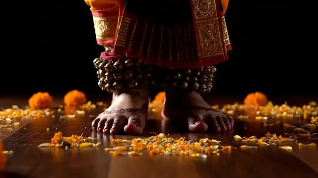 Close-up of feet adorned with ankle bells and flowers, performing a traditional Indian dance