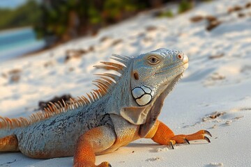 Fototapeta premium alert orange-green iguana basking on sunlit white sandy beach with spiny crest and blurred tropical shoreline