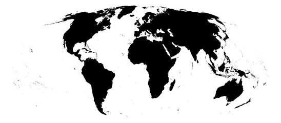 Obraz premium Mollweide projection world map unified solid black without Antarctica global vector graphic geography silhouette shape national border design isolated transparent background atlas eps