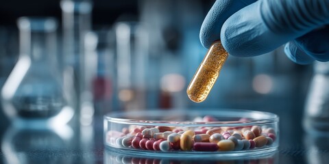 Fototapeta premium Medical laboratory scene with gloved hand and golden capsule, ideal for healthcare advertising, biotech visuals and drug development concepts