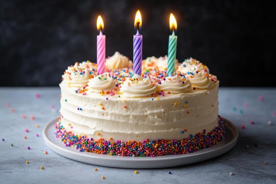 round white frosted celebration cake with colorful sprinkles and three lit candles on a plate, joyful festive mood against a dark background
