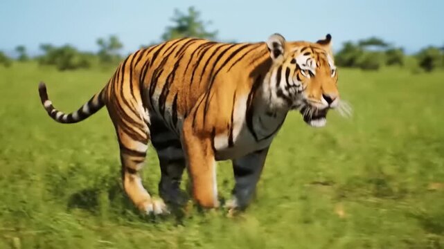 Majestic striped tiger in powerful stride across a sunlit green savanna, capturing the essence of wild nature and its impressive agility
