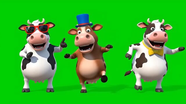 Three cheerful cartoon cows dressed up and dancing on a green screen background, ready for animation
