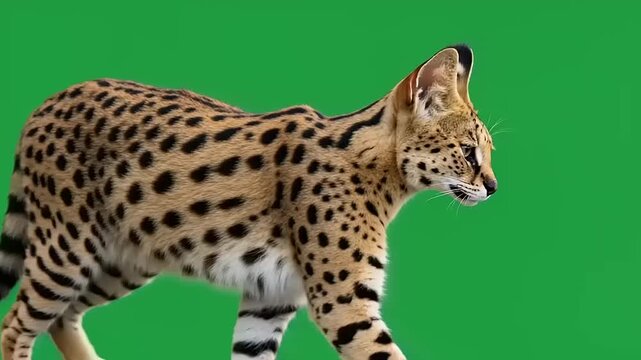 Side profile of a wild serval cat walking against green background, wildlife animal in natural posture, studio environment, close-up viewpoint