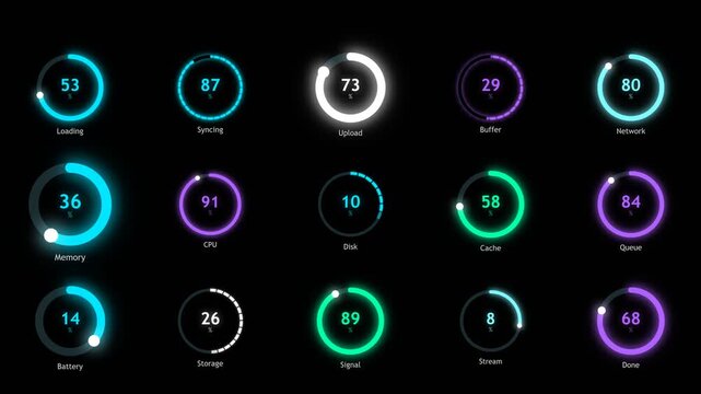 Circular progress rings animation loading indicators glowing cyan purple UI elements dashboard technology monitoring system display