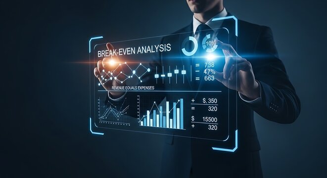 Break-even analysis concept. A financial manager's hands use a hologram to perform a break-even analysis, adjusting costs and prices to see when revenue equals expenses.