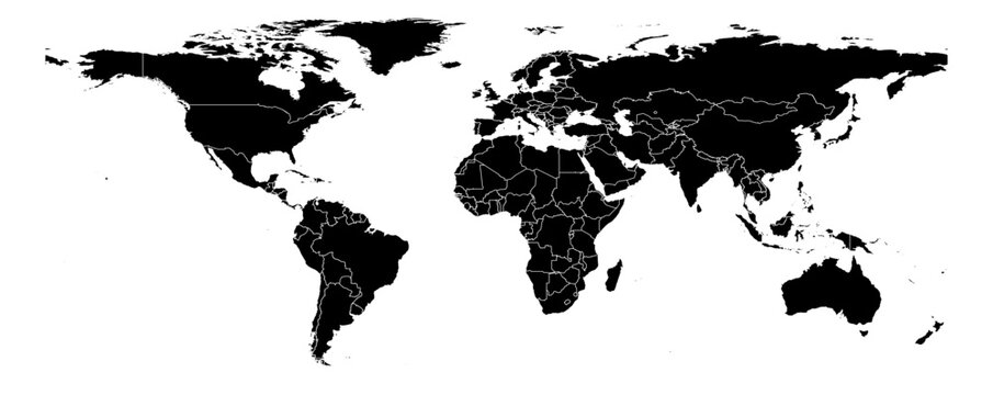 Equirectangular projection world map black fill white borders without Antarctica global vector graphic geography silhouette shape national border design isolated transparent background atlas eps