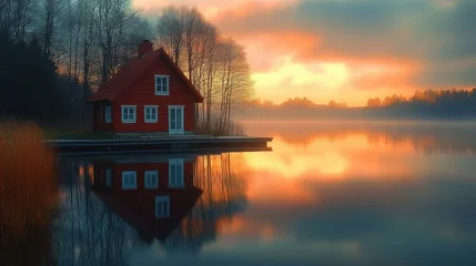 Fototapete Reflection red wooden lakeside cabin on a small pier beside reed beds, reflected in mirror-smooth water under a misty golden sunrise with bare trees, peaceful and tranquil  © alu
