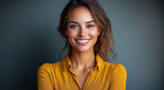 Studio portrait of an adult with a blurred face wearing a mustard yellow collared shirt, arms crossed, tousled brown hair, calm confident posture against a teal background