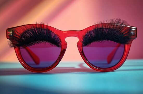 Close-up of red sunglasses with dramatic false eyelashes and purple tinted lenses on a teal surface with a pink gradient background, bold and playful mood
