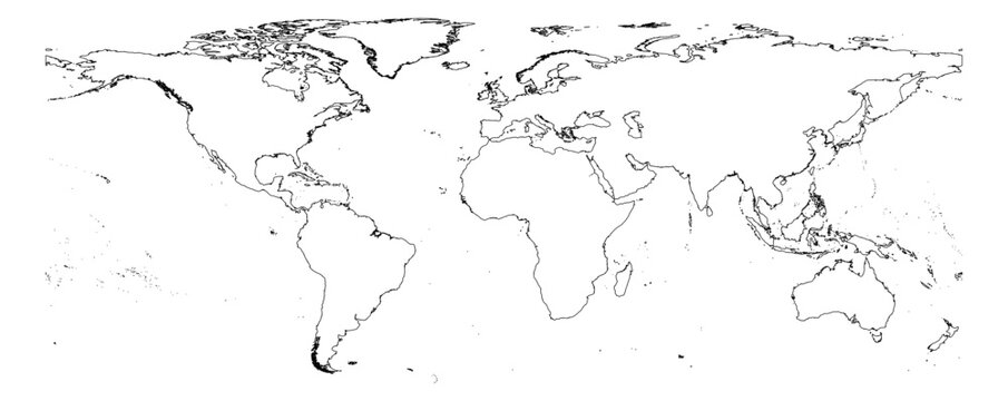 Equirectangular projection world map unified continent outline without Antarctica global vector graphic geography silhouette shape national border design isolated transparent background atlas eps