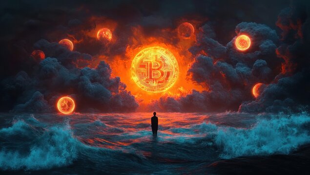 solitary silhouette standing in turbulent ocean facing a massive glowing digital coin and smaller floating coins amid fiery storm clouds, evoking awe and foreboding