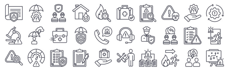 Fototapeta premium Set of 30 incident management minimal thin line icons including emergency, risk assessment, disaster recovery, first aid, security, contingency, protocol, and response