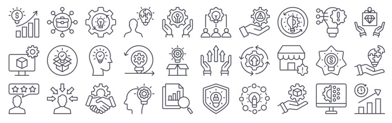 Set of 30 strategic innovation minimal thin line web icons including growth, analysis, prototyping, agile, disruption, transformation, collaboration, partnerships, competitive solutions © Marie