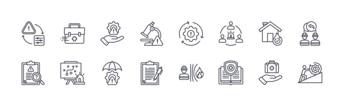collection of 16 minimal thin line incident management icons such as control, evaluation, emergency kit, emergency plan, risk management, mitigation, analysis, clipbboard, recovery. editable