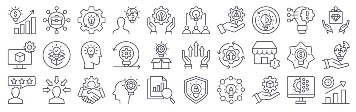 Set of 30 strategic innovation minimal thin line web icons including growth, analysis, prototyping, agile, disruption, transformation, collaboration, partnerships, competitive solutions
