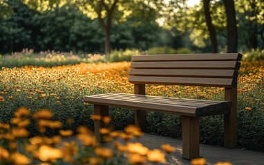 Naklejka premium Empty wooden bench amid a sunlit field of orange wildflowers and tall trees, peaceful late afternoon in a quiet park