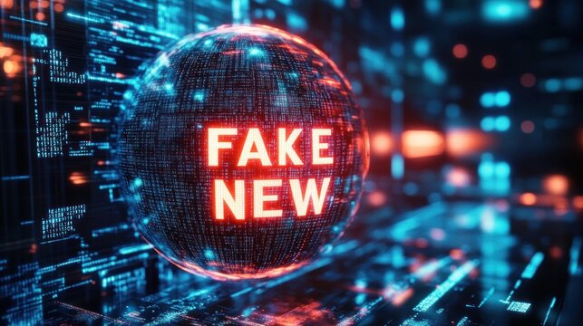 glowing digital globe of code with bright red fake news text hovering over neon blue and orange circuitry conveying alarm, urgency and digital misinformation