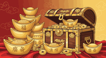 Treasure chest overflowing with Chinese gold ingots and coins, symbolizing wealth and luck. © Rendi