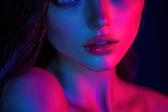close-up moody portrait of a woman's shoulder and neck illuminated by neon pink and blue light, wet hair and sensual dramatic glow