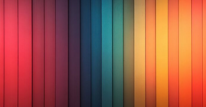 Vibrant rainbow gradient on vertical wooden panels with subtle wood grain and soft shadows, evoking a warm, uplifting and calming mood