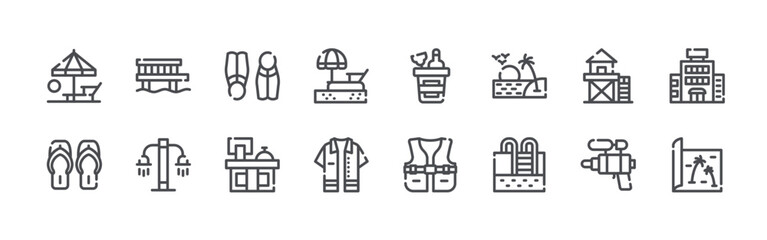 bundle of 16 editable thin line beach resort icons including summer, flip flops, pier, shower, flippers, reception, lounger, shirt, wine. editable stroke vector illustration isolated on white © Felix