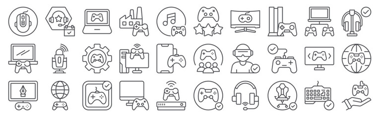 Set of 30 video gaming editable thin line icons including controller, console, headset, keyboard, mouse, virtual reality, multiplayer, online game accessories in outline vector format © Felix