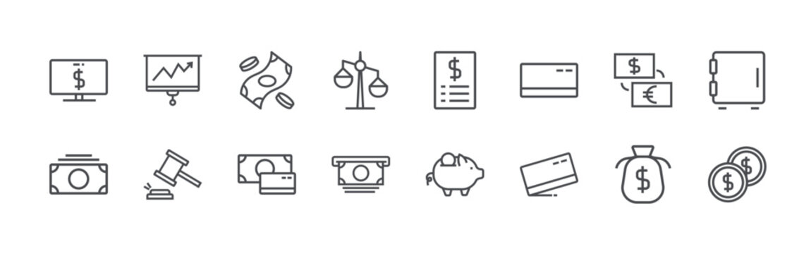 bundle of 16 editable thin line finance icons including emoney, money, analyctics, knock, money, creadit card, scale, transaction, invoice. editable stroke vector illustration isolated on white