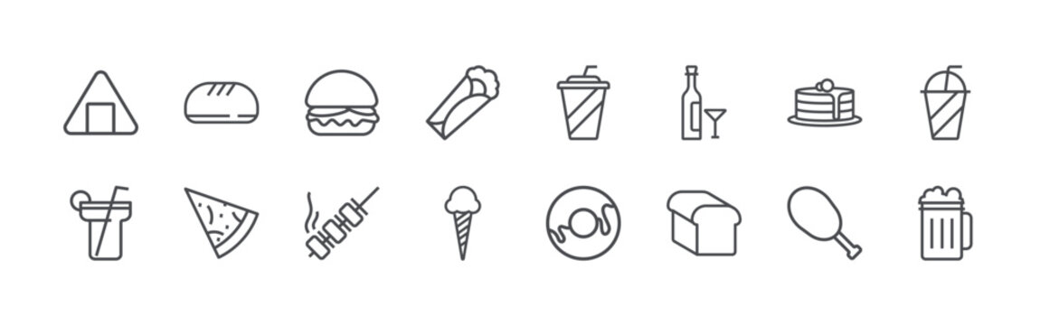 bundle of 16 editable thin line food and drink icons including onigiri, drink, bread, fruit, humburger, satay, kebab, ice cream, drink. editable stroke vector illustration isolated on white
