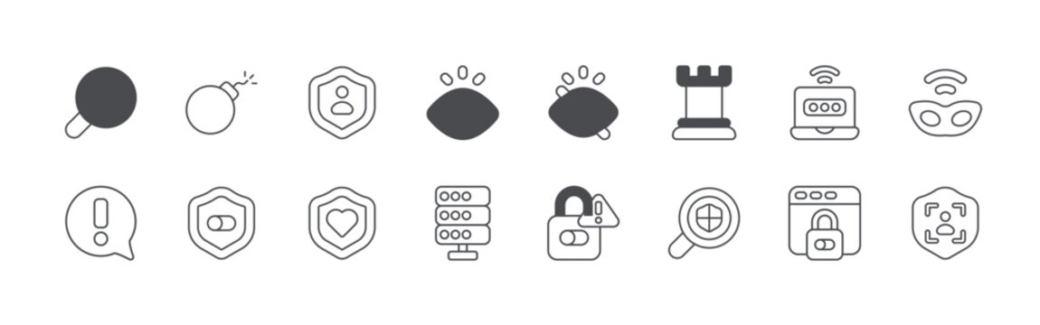 bundle of 16 editable thin line security icons including search, caution, bomb, security, personal protection, shield, visible, database, visible. editable stroke vector illustration isolated on