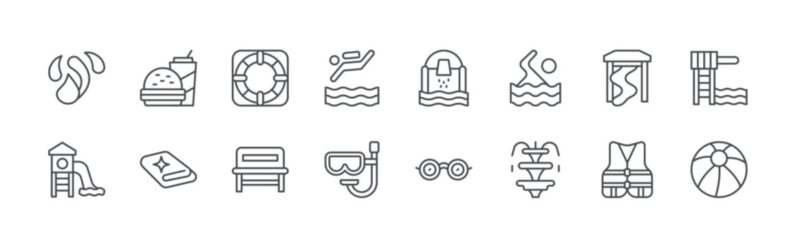 bundle of 16 editable thin line water park icons including water splash, water slide, food, towel, life buoy, bench, dive, glasses, bucket. editable stroke vector illustration isolated on