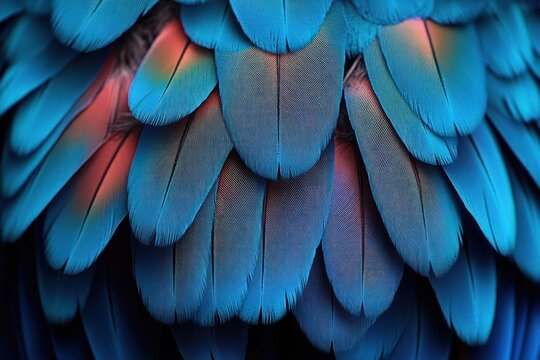 Close-up of layered turquoise and blue bird feathers with warm orange highlights, showing iridescent texture and evoking a serene, mesmerizing feeling