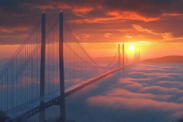 Obraz premium suspension bridge towers and cables stretching through a sea of fog toward a glowing orange sunrise, serene and majestic atmosphere