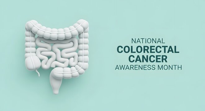National Colorectal Cancer Awareness Month illustration showing the human colon in a 3D style on a plain background