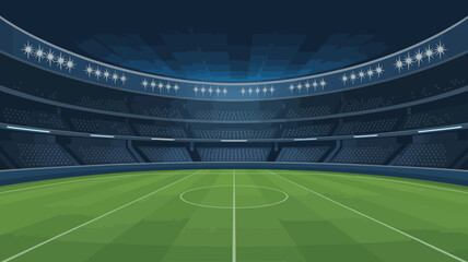 An expansive view of an empty stadium with tiered seating and a vibrant green field illuminated by bright overhead lights high quality professional detailed modern elegant © Digishopppp