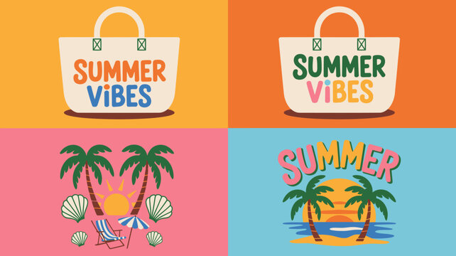 A vibrant graphic design showcases tote bags and tropical scenes with the word summer prominently displayed in colorful lettering high quality professional detailed modern elegant stylish