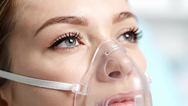 Close up portrait of a woman wearing a clear oxygen mask. She is inhaling, with soft lighting and a blurred blue background, conveying a sense of relief and care.