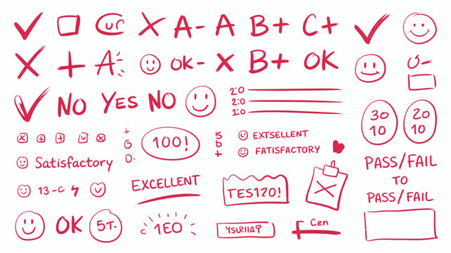 A collection of hand drawn red doodle elements including checks x s letters numbers and school related symbols on a white background high quality professional detailed