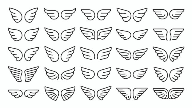 A collection of simple black and white wing designs are displayed varying slightly in shape and size arranged in a grid pattern high quality professional detailed