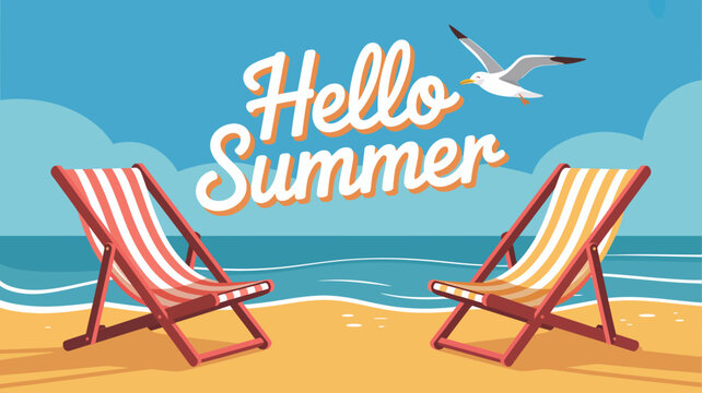 A vibrant illustration depicts a beach scene with two striped deck chairs golden sand and the cheerful message hello summer high quality professional detailed modern elegant