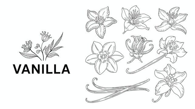 A detailed botanical illustration showcases vanilla flowers leaves and bean pods accompanied by the word vanilla in bold lettering high quality professional modern elegant stylish clean