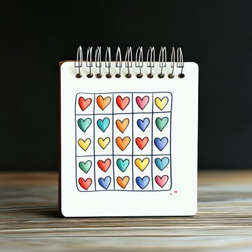 spiral-bound white sketchbook standing on a wooden table showing a hand-drawn 5x5 grid of colorful hearts with two tiny hearts beside it, playful cheerful doodle against dark background