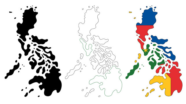 This image presents three variations of the philippines outline a solid black silhouette a white line drawing and a color rendition high quality professional detailed modern