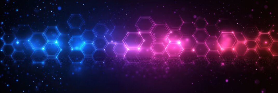 glowing neon hexagonal grid with blue to pink gradient, sparkling particles and bokeh on a dark futuristic background conveying vibrant dynamic energy